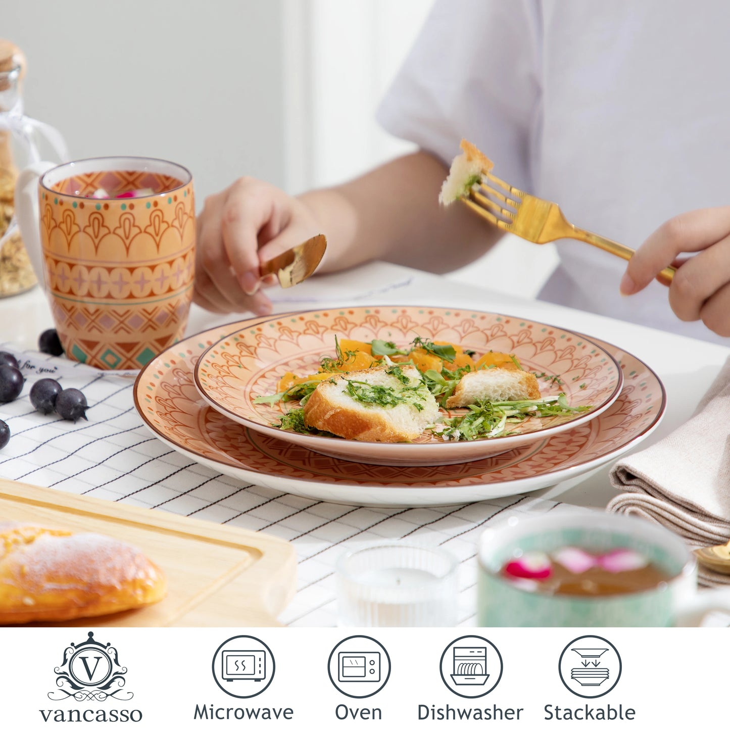 Vancasso Tulip 16/32/48-Piece 4-Color 4-Design Porcelain Dinnerware Set Plate Set with Dinner Plate,Dessert Plate,Bowl,Mug Set