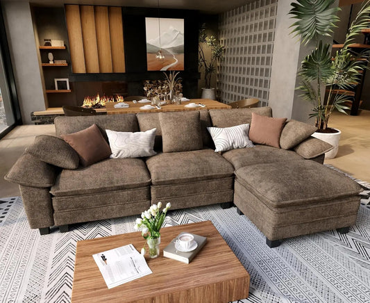 L Shaped Modular Cloud Couch, 123.6'' Comfy Chenille Sectional Sofa with Wider Armrest and Ottoman, Upholstered, Customized
