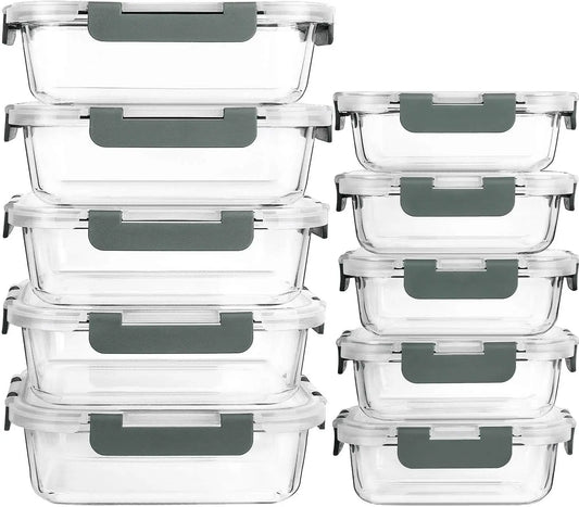 10-Pack Glass Meal Prep Containers with Lids, Airtight Food Storage for Microwave, Oven, Freezer & Dishwasher