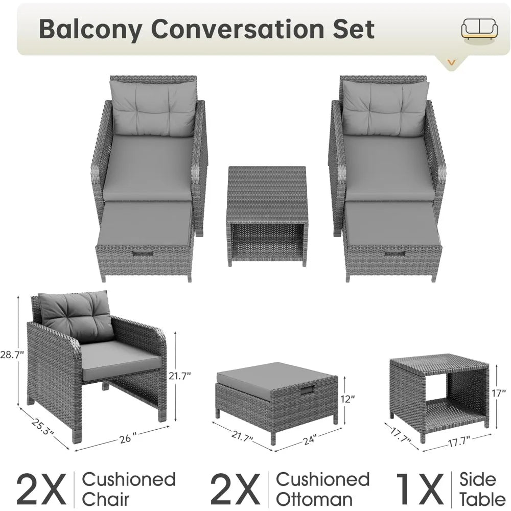 Balcony Furniture 5 Piece Patio Conversation Set, PE Wicker Rattan Outdoor Lounge Chairs with Soft Cushions 2 Ottoman&Glass Tabl