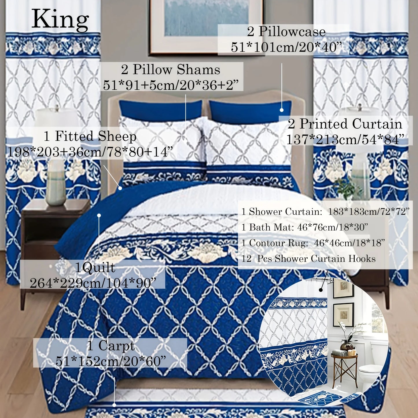 24pcs Bedspread Set 9pcs Quilt Set with 15pcs Shower Curtain Set Exquisite Pattern Modern Style Skin-friendly & Comfortable All