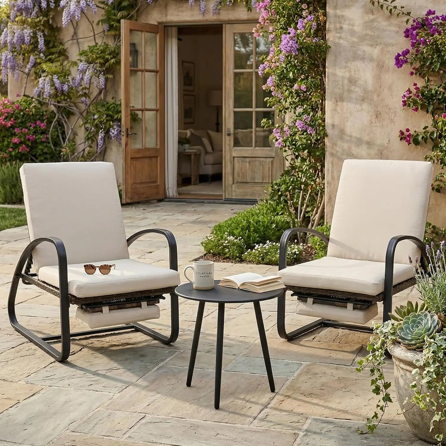 5-Position Adjustable Chaise Lounge Set w/ Table Off-White Outdoor Patio Deck Lawn Garden Furniture Customized