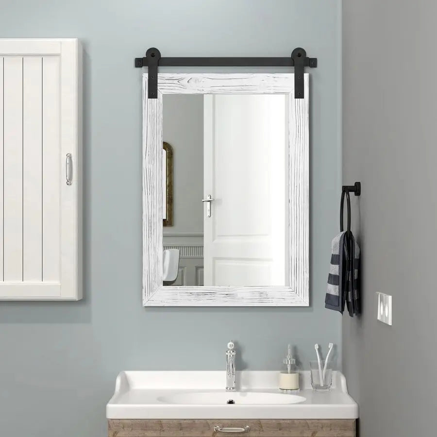 Farmhouse Bathroom Mirror 30 x 21 Rustic Wood Framed Wall Barn Door Mirror for Entryway, Living Room, Vanity Wall Decor White
