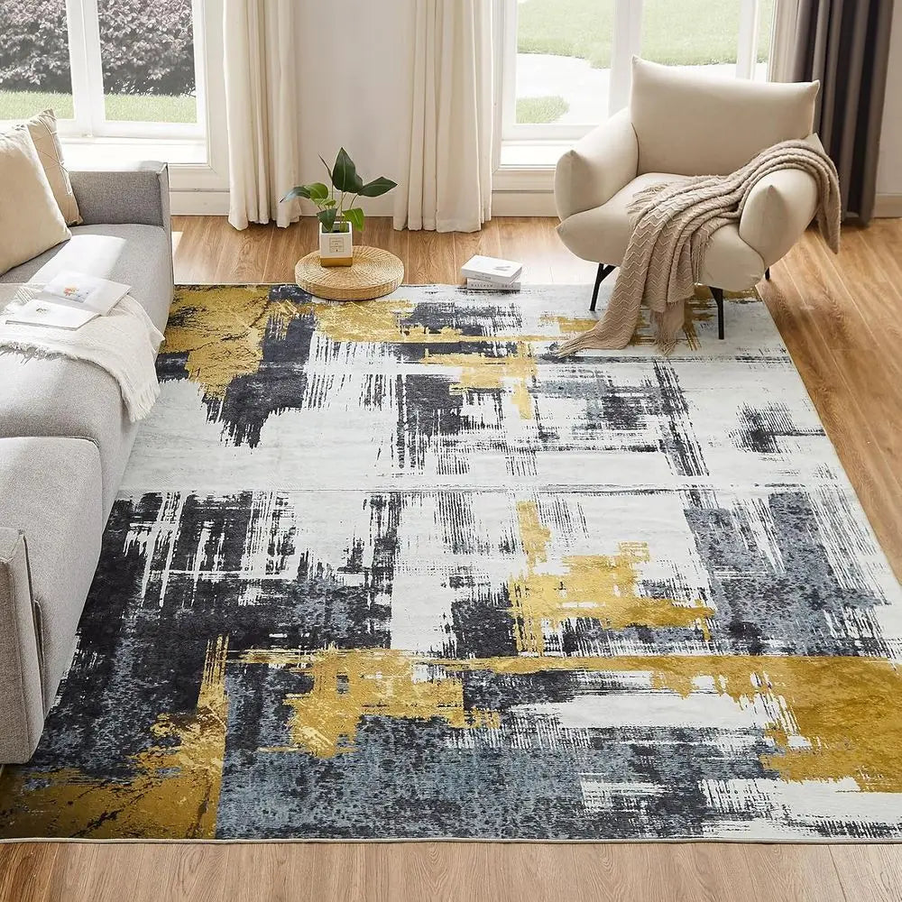 6'x9' Modern Abstract Area Rug - Washable, Non-Slip for Living Room, Bedroom, Kitchen & Dining (Gold Brushstroke)