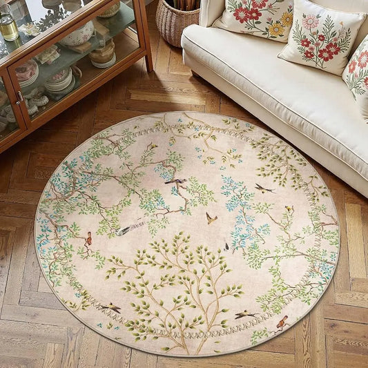 Round Rugs 6Ft Beige Botanical Birds Print,Machine Washable 6' Circle Nature Plants Modern Soft Non-Slip Kids Throw Area