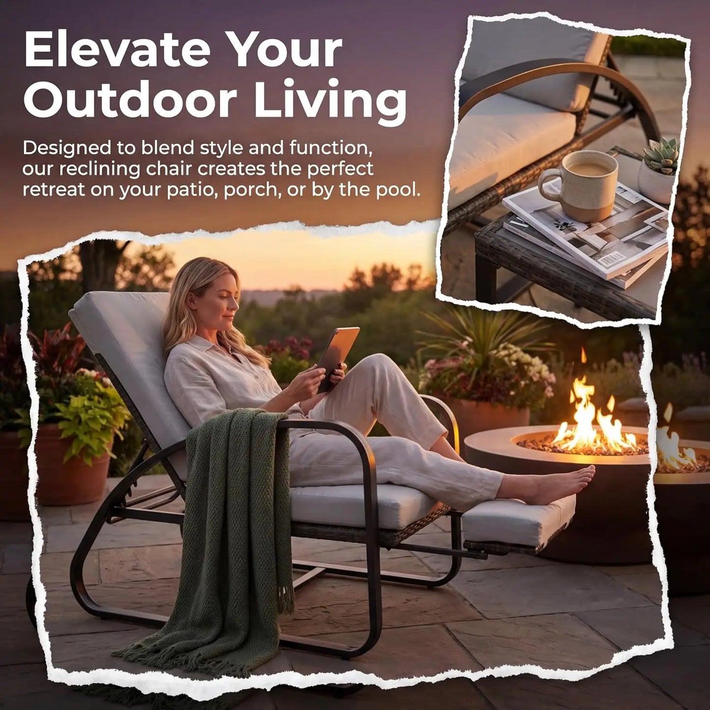 5-Position Adjustable Chaise Lounge Set w/ Table Off-White Outdoor Patio Deck Lawn Garden Furniture Customized