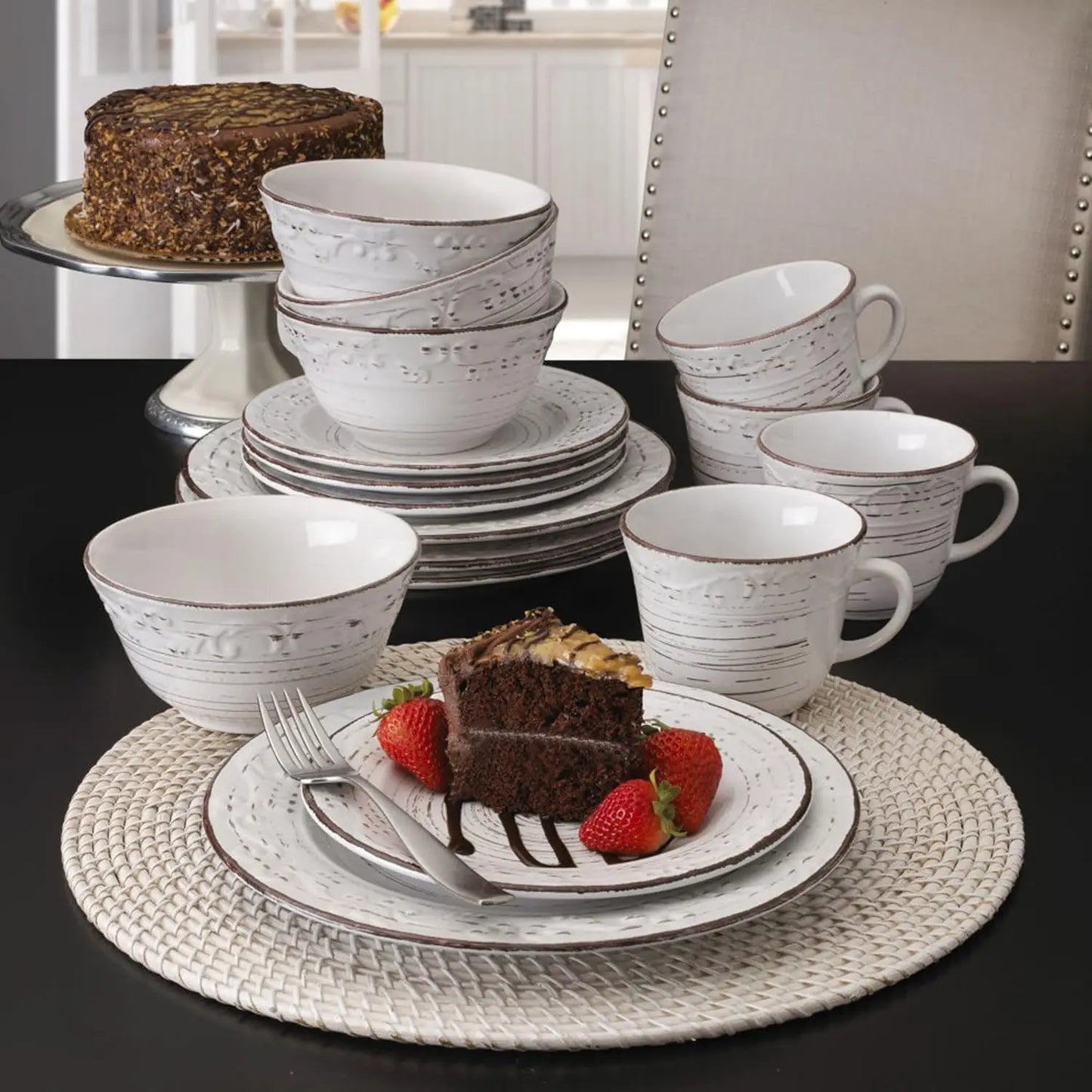 Trellis White 16-Piece Stoneware Dinnerware Set for 4, Distressed Finish, Microwave & Dishwasher Safe