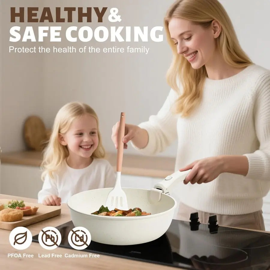 10 pcs Pots and Pan Set Non Stick with Detachable Handle, Ceramic Cookware Set for Stackable, Induction Kitchen Cookware Set for