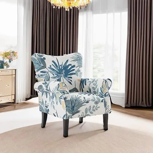 Elegant Wingback Chair, Plush Upholstered Armchair with Wooden Legs, Floral Pattern, for Living Room or Bedroom