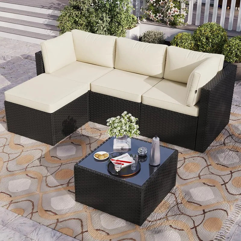 Aoxun Outdoor Patio Furniture Set, 5-Pieces All-Weather Rattan Sectional Sofa Conversation Set with Glass Coffee Table
