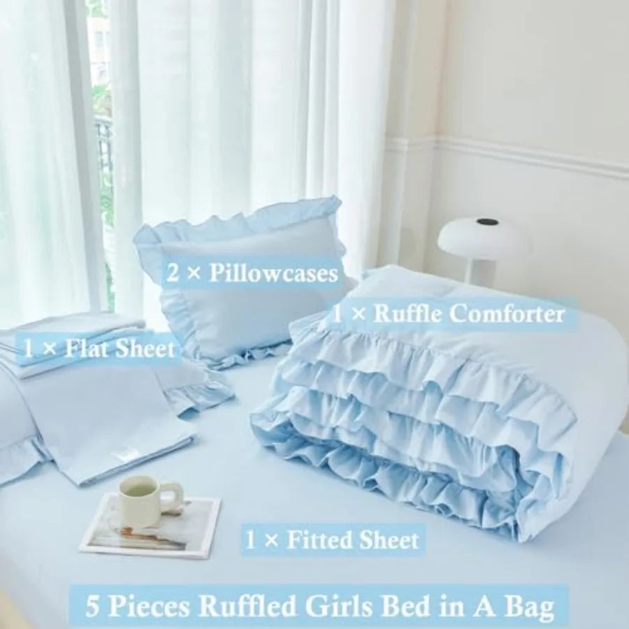 Ruffle Girls Comforter Set Twin Size 5 Pieces Ruffled Farmhouse Bed in A Bag Solid Boho Bedding Comforter Sets Soft Fluffy Bed