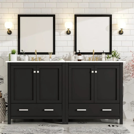 60" Bathroom Vanity with Double Sink, Solid Wood Bathroom Cabinet with 2 Drawers, Storage Racks & 2 Cabinets, Separate Two 30 In
