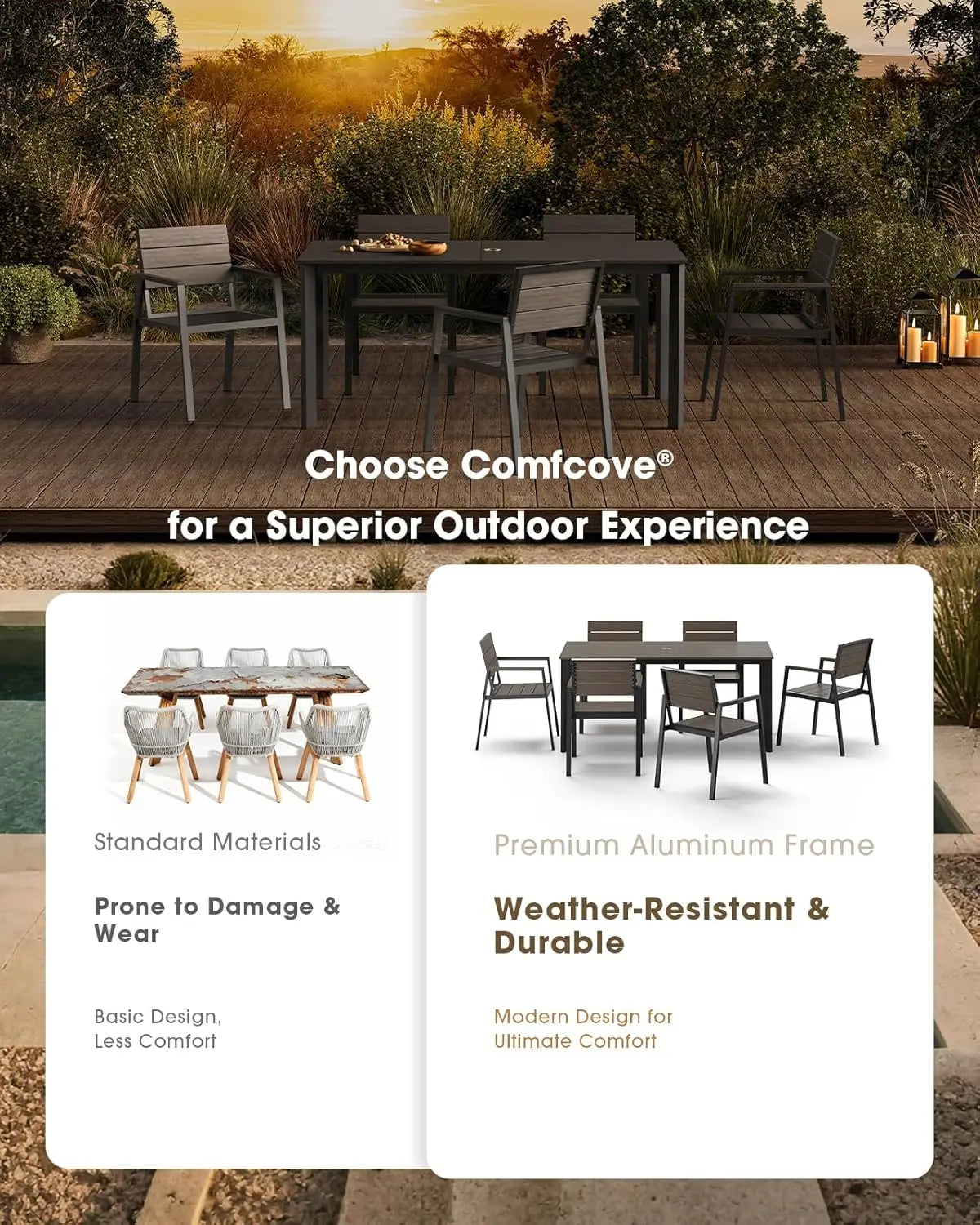 Outdoor Dining Set for 6, Aluminum Patio HDPS Outdooor Table and Chairs Set with Umbrella Hole, All Weather Patio, Custom