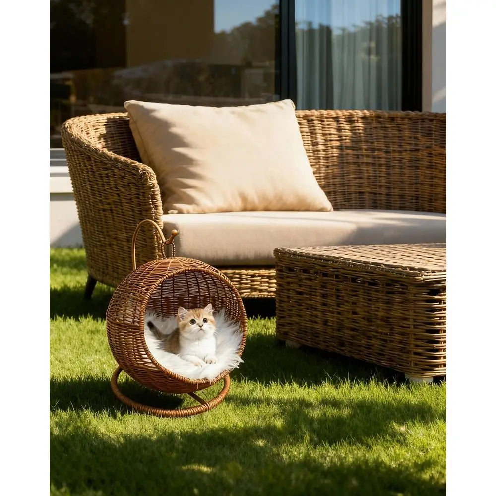 Wicker Cat Bed Indoor & Outdoor, Handwoven PP Rattan Cat Swing Bed with Removable Washable Cushion, Breathable Waterproo Cat Hou