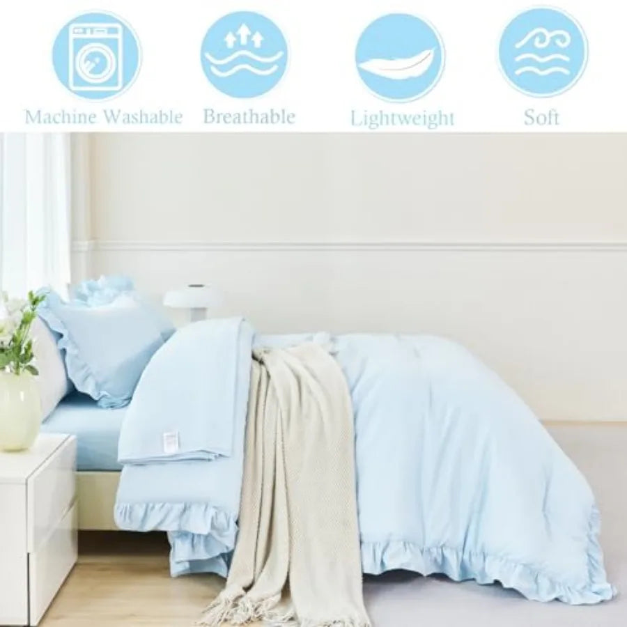 Ruffle Girls Comforter Set Twin Size 5 Pieces Ruffled Farmhouse Bed in A Bag Solid Boho Bedding Comforter Sets Soft Fluffy Bed
