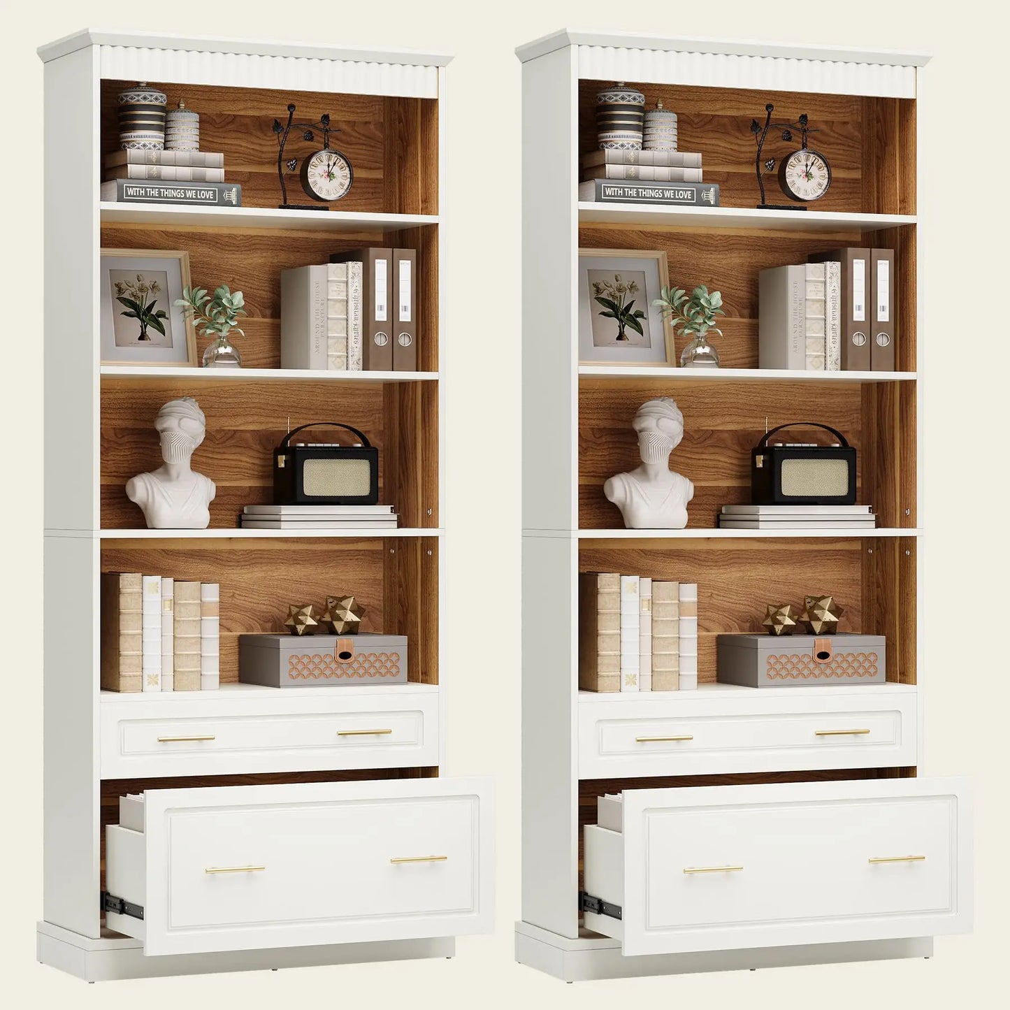 5-Shelf Bookcase with File Cabinet Drawer, 72" Tall Bookshelf, Modern Free-Standing Wood Bookcase, Large Open Display,Customized