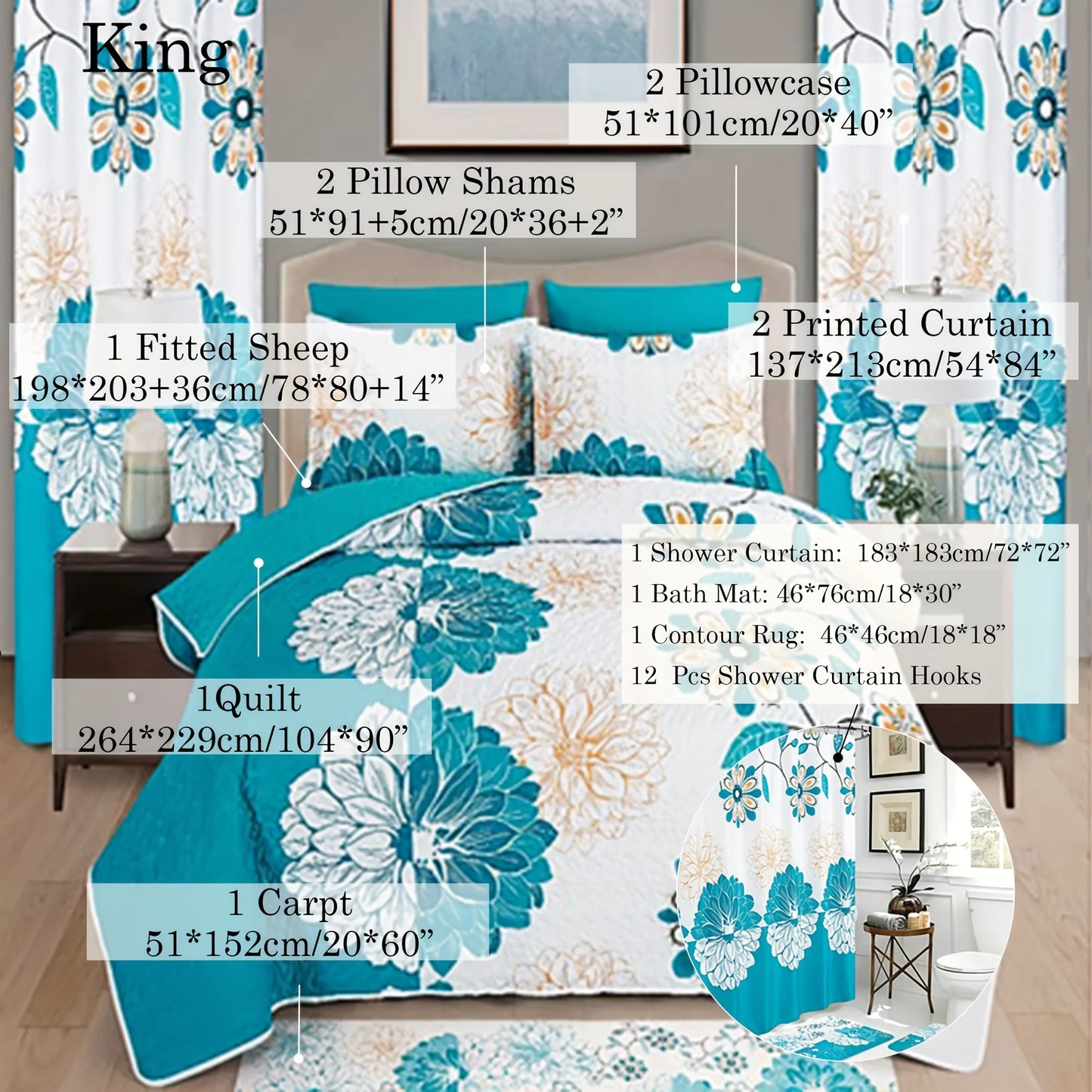 24pcs Bedspread Set 9pcs Quilt Set with 15pcs Shower Curtain Set Exquisite Pattern Modern Style Skin-friendly & Comfortable All